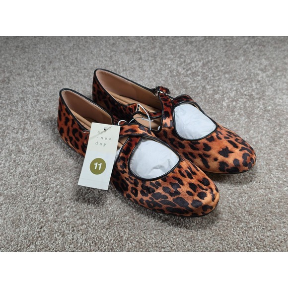 Shoes - A New Day Tamsin Leopard Print Mary Jane Flats Brown Black Size 11 NWT